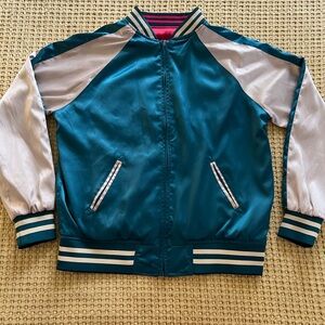 Reversible Varsity Bomber Jacket Size small Teal and Cream and Red, Side Pockets
